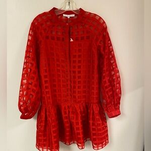 English Factory Women's Check Organza Buttoned Long Sleeves Red Mini Dress